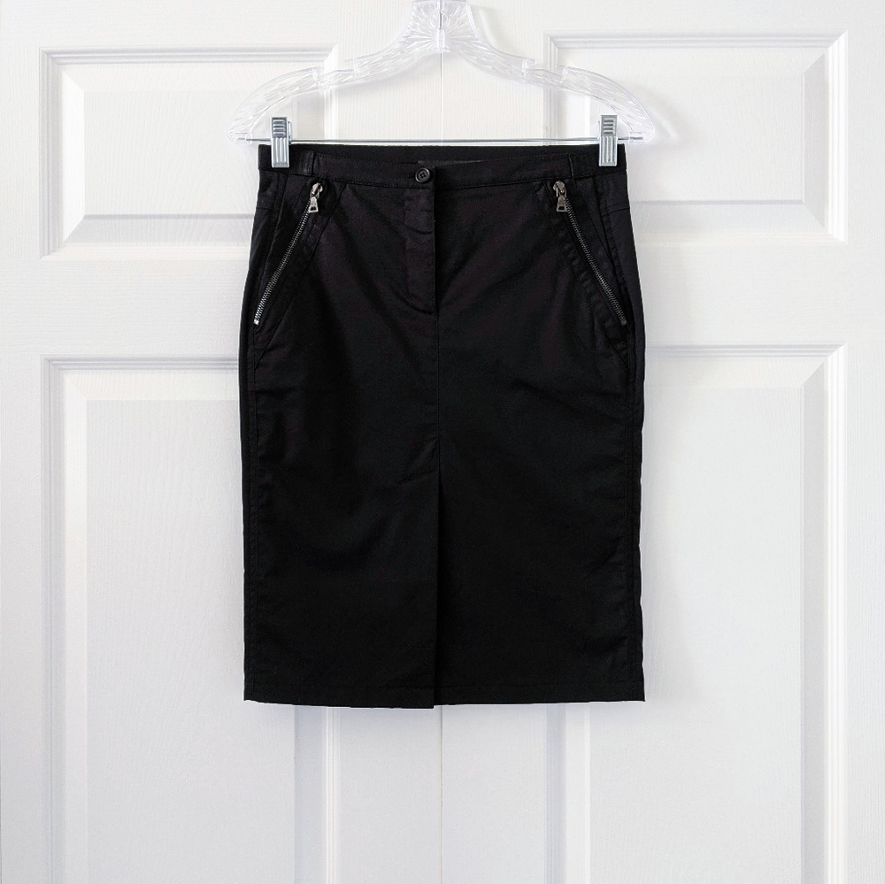 Prada Black Cotton Skirt With Engraved Logo Zippered Pockets Size 38